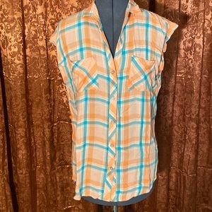 New York & Company Orange and Blue Plaid Blouse
